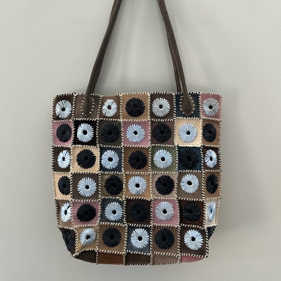 Hand Crafted Artisan Suede Patchwork Floral Embroidered Boho Zipper Tote Bag - Picture 3 of 8